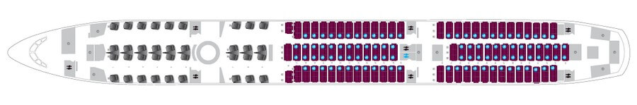 Qatar Airways Airbus A350-900 салон сұлбасы, 283 орын: 36 бизнес және 247 эконом орны