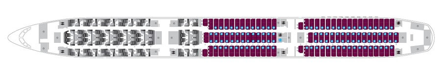Qatar Airways Airbus A350-1000 салон сұлбасы, 327 орын: 46 Qsuite және 281 эконом орны