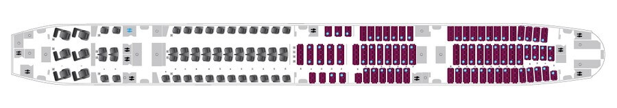 Qatar Airways Boeing 777-300ER салон сұлбасы, 354 орын: 42 Qsuite және 312 эконом орны